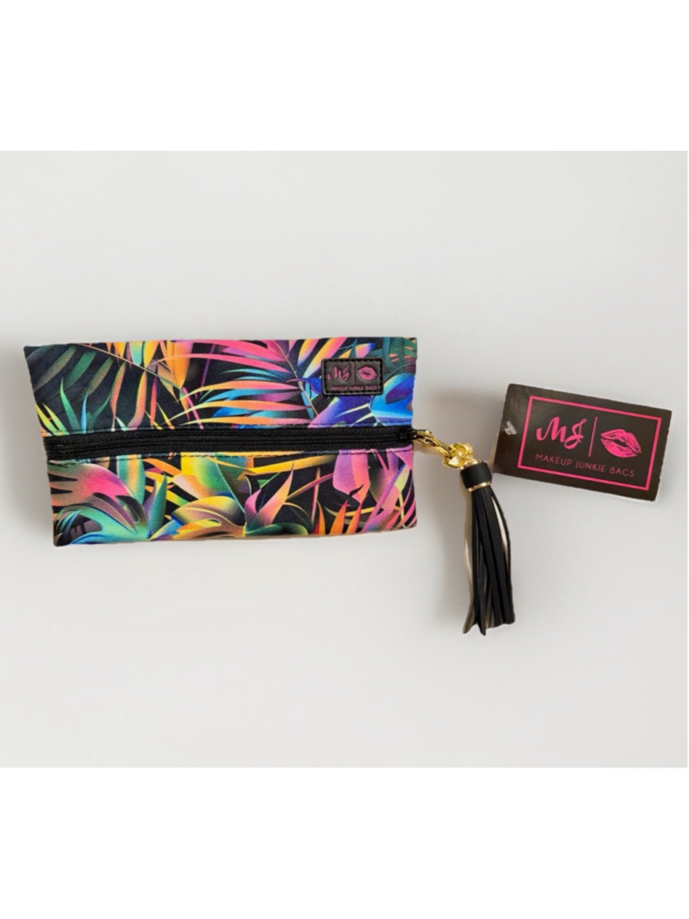 Makeup Junkie Mini Tropical Neon Palm Leaf Bag Wristlet Clutch Zip Pouch